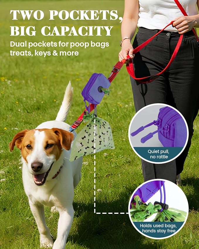 Dog Poop Bag Holder for Leashes, Purple Doggie Waste Bag Dispenser and Treat Holder, with Carabiner Hook and Poop Bag Clip, Used Waterproof Wear-Resistant Fabric and 2 Zippered Pouches for Walking