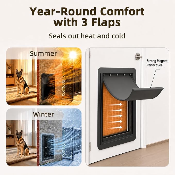URSPET Medium Dog Door for Wall, 3-Flap Insulated, Steel Frame, Black | 8.25 x 12.25 in Usable Opening, For 4.3-7.8 in Walls, Compatible with PetSafe Wall Cutouts, Lock Panel, Replaceable Flaps