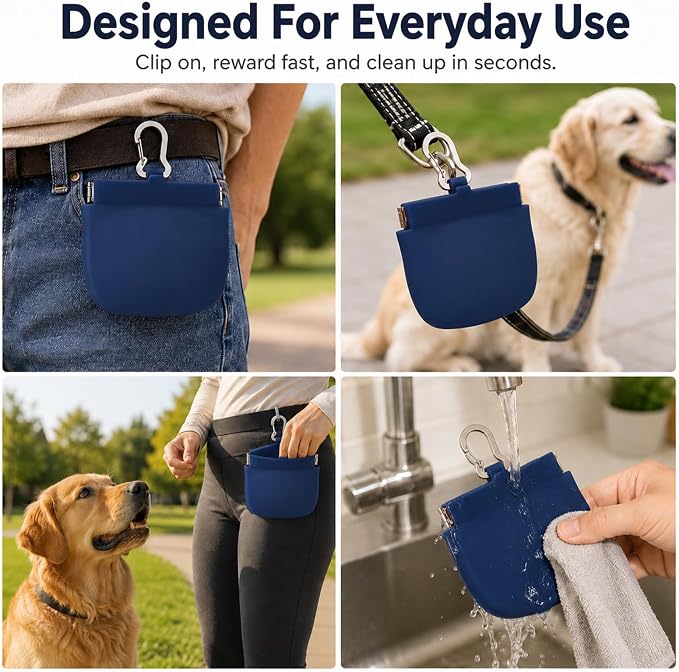 Silicone Dog Treat Pouch for Pet Training One-Hand Access One Cup Silicone Treat Bag with Pull Tab and Auto Closing Lid Treat Pouches for Leash(Color: Blue)