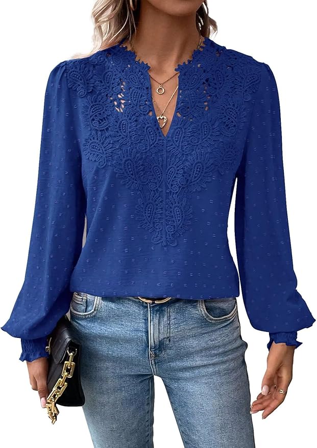 Womens Tops Swiss Dot Boho Long Sleeve Shirts V Neck Casual Chiffon Blouses Flowy Lace Hem Cute Clothing Trendy 2026