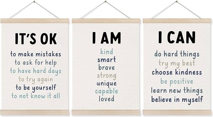Koesus Inspirational Classroom Blue Wall Art Poster Hanger Frame 12x16 Inch Set of 3, Positive Affirmations for Kids, Motivational Canvas Pictures Prints Framed Wall Decor for Classroom Kids Room