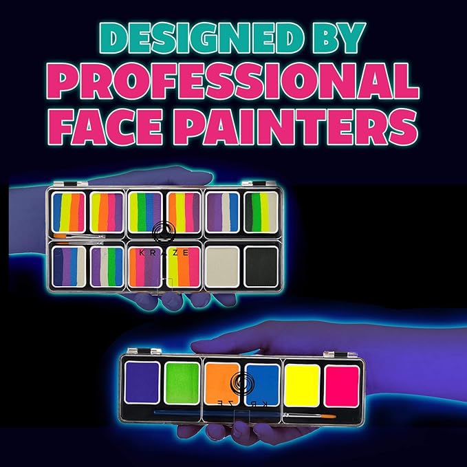 Kraze FX Neon Face & Body Paint Palette Set - Neon Pop 12 Split Cake Palette & 6 Neon Palette, Value Pack of Solid Neon Colors & Fun Neon Split Cakes with Brushes, Professional UV Painting Starter Kit