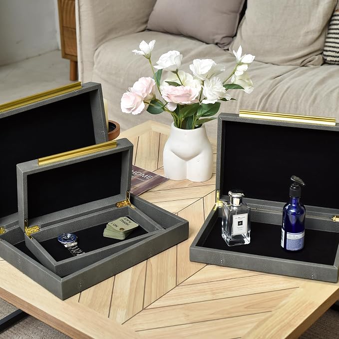 DECOR4SEASON Faux Shagreen Decorative Stackable Storage Boxes – Set of 3 | Jewelry Organizers with Gold Metal Handles & Velvet Lining, Modern Grey Box for Vanity, Entryway & Coffee Table Décor