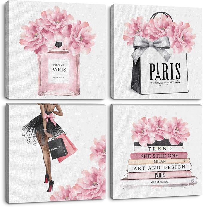 QINGTAI 4 Pcs Pink Fashion Canvas Wall Art, Perfume Handbag Wall Decor | Aesthetic Framed Posters Art Prints Artwork Pink Pictures for Women Girls Room Apartment Vogue Living Room Decor 8x8 Inch