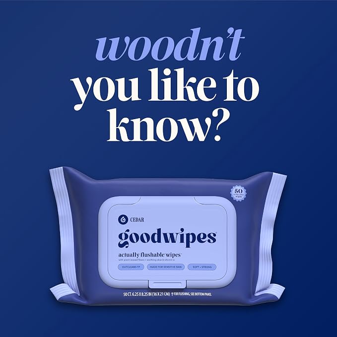 goodwipes Flushable Wipes for Adults - Cedar Butt Wipes for Women & Men, Septic Safe, Toilet & Bathroom Essentials, Extra Large, 318 Count (6 Packs and 1 Travel Pack)