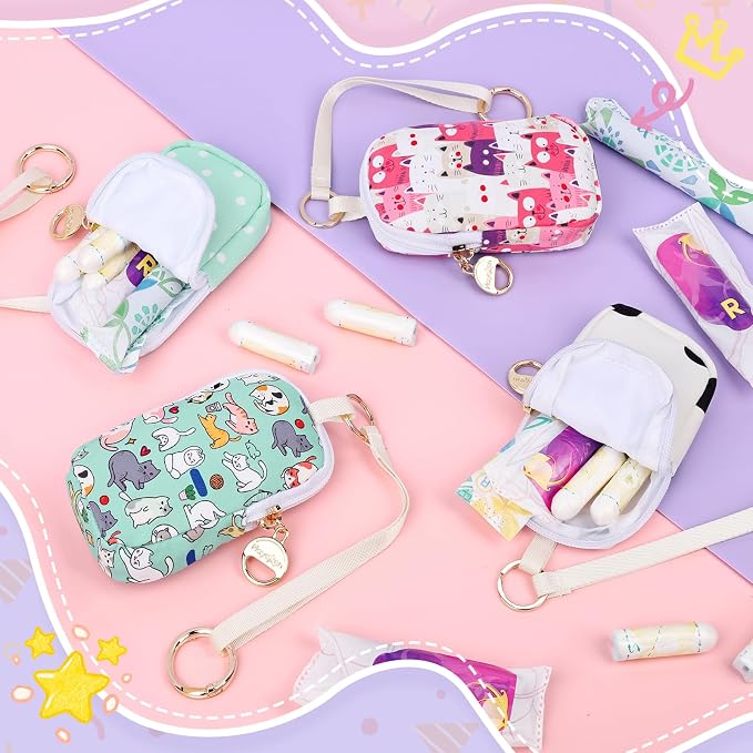 Tampon Holder for Purse, Cute Period Bag with Wristlet Strap, Portable Tampon Bag Organizer Case for Feminine Products (Pink Cats)