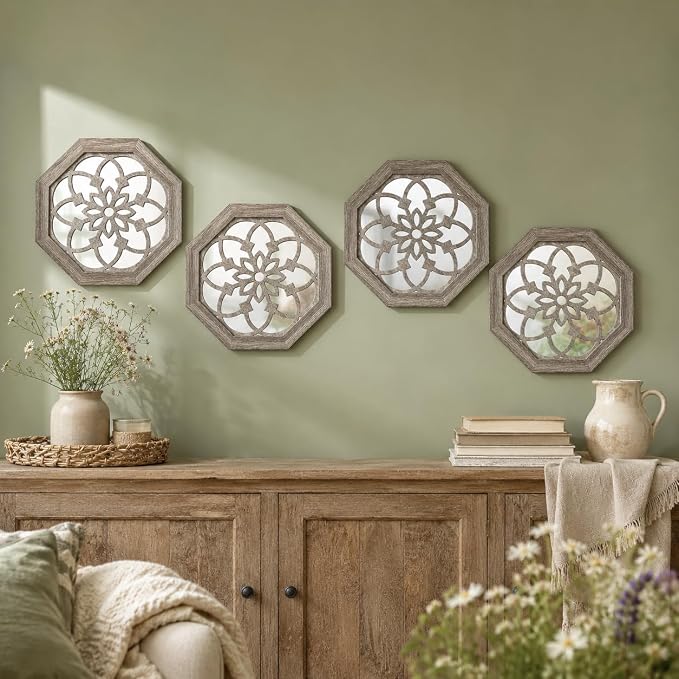 4 Pack 12 Inch Octagon Brown Rustic Wood Frame Acrylic Wall Mirrors, Farmhouse Boho Wall Art Decor for Living Room, Bedroom, Hallway, Entryway, Bathroom & Office