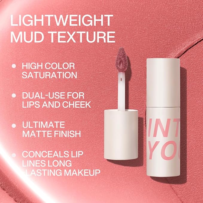 INTO YOU Velvet Matte Finish Lip Stain, Super Stay Lip Stain Long Lasting Waterproof, Lip Tint, Lip Mud Soft Lightweight, Smooth Lip Clay Mousse, Dual-Use For Lips And Cheek, Pink Lipstick, N4