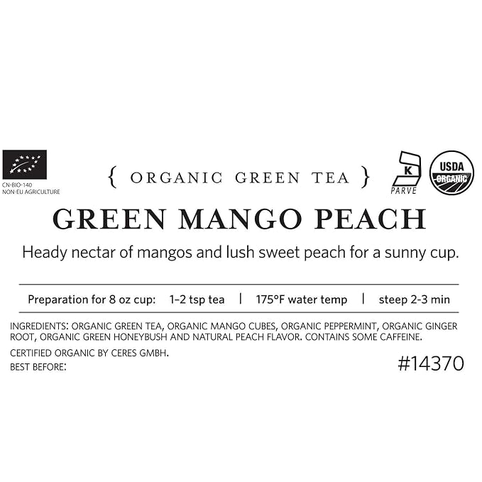 Tea Forte Premium Loose Leaf Tea Blend, Resealable 1 Pound Bag, Makes 160-175 Cups, Green Mango Peach Tea