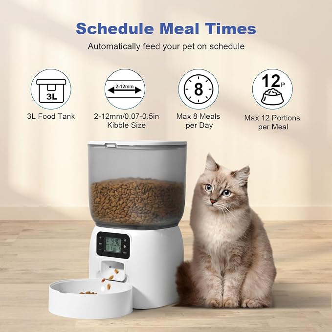 Automatic Cat Feeder, 3L Cat Food Dispenser with 10s Voice Recorder, Pet Feeder up to 8 Meals per Day, Timed Dog Feeder (White-Basic)
