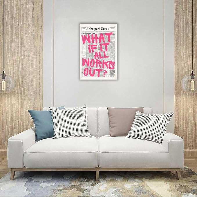 Drimiler Retro Newspaper Pink Font Poster What If It All Works Out Canvas Wall Art Positive Affirming Quote Minimalist Prints Painting For Home Bedroom Dorm Wall Decor 16x24in Wframed