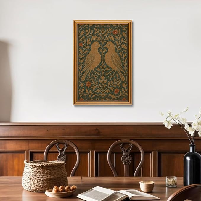 ZLPLLHA Gold Framed Wall Art Vintage Wall Decor Love Birds Canvas Art Botanical Pictures Animals Paintings Antique Artwork William Morris Prints for Living Room Bedroom