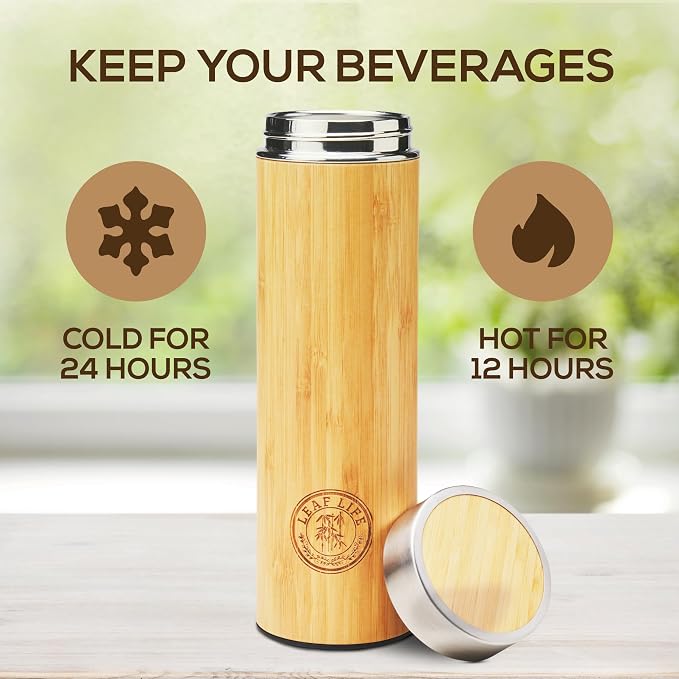 LeafLife Premium Bamboo 22oz Tea Bottle – Infuser Bottle – Insulated Coffee & Beverage Tumbler – Gift Set & Accessories