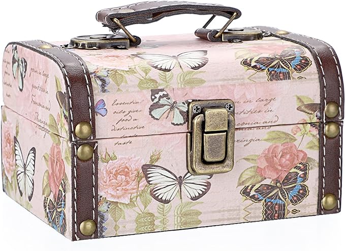 ELLDOO Decorative Treasure Chest Box, Wooden + PU Leather Storage Box for Jewelry Trinkets, Keepsakes box for Girls Women Gifts (Butterfly Pattern, Small)