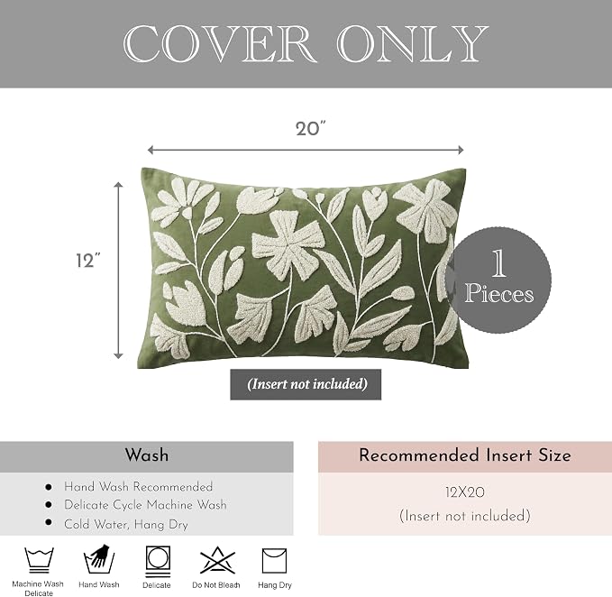 Decorative Lumbar Pillow Cover 12x20 Inch, Olive Green Floral Tufted Velvet Accent Pillow Case for Sofa Bed Living Room, Cover Only