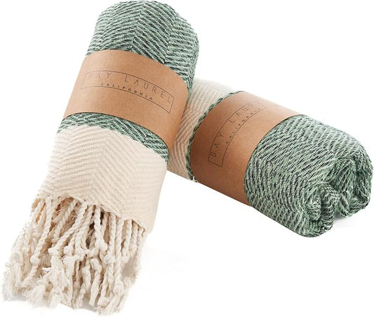 BAY LAUREL Turkish Hand Towel – Pack of 2 | Soft & Absorbent Decorative Towels for Bathroom, Hand, Face, Hair, Gym, Yoga, SPA, Kitchen & Tea | Boho Decor(Army Green, Herringbone 15x26 Inches(Set of 2)