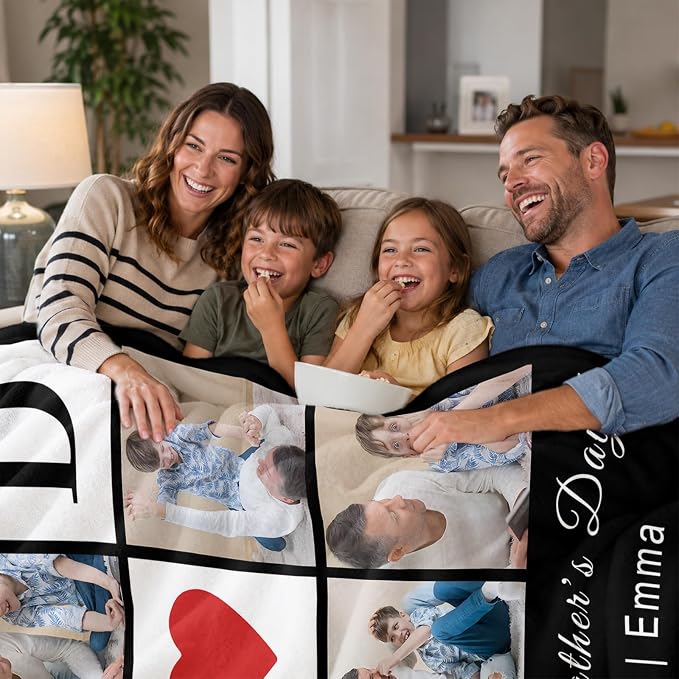 Fathers Day Birthday Gift for Dad Custom Blanket with 6 Photo & Text, Personalized Blankets with Picture to My Dad, HD Printing Customized Flannel Throw Blanket Gifts for Best Daddy Grandpa Ever