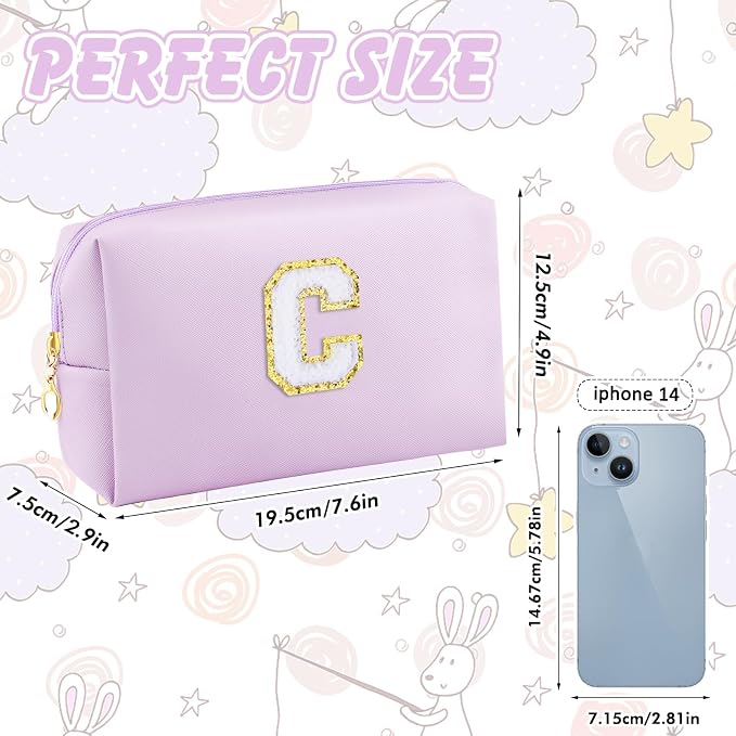 URSKYTOUS Gifts for Girls Initial Makeup Bag Personalized Cosmetic Bag with Zipper Cute Travel Toiletry Bag Waterproof PU Preppy Makeup Pouch Birthday Gift for Teen Girls Women(Purple C)