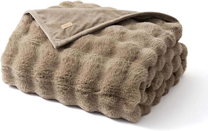 Faux Rabbit Fur Bubble Throw Blanket, 60"x80", Greige | Ultra Soft, Luxury Faux Rabbit Fur Throw, Thick Warm Bubble Blanket, Cozy Fluffy Reversible, for Bed, Couch, Chair, Sofa