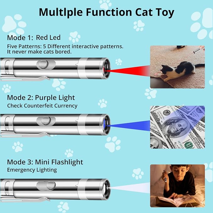 Waputne Cat Toy, 2 Pieces, Rechargeable, 3 Light Modes, 5 Fun Patterns | Interactive Chase Toy; Automatic Training & Exercise Fun; Kitten Toy for Indoor Cats & Dogs