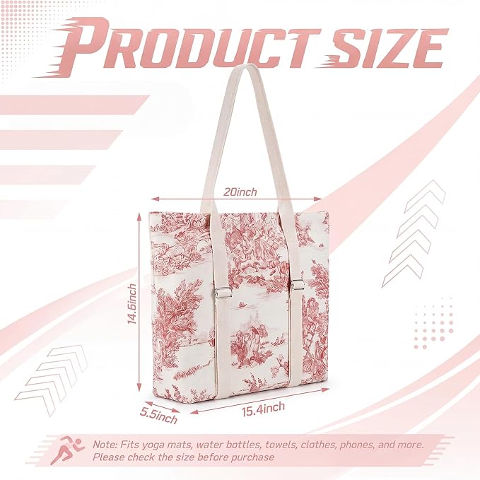 Hsei Pink Floral Yoga Mat Gym Bag Pink Toile Yoga Tote Bag for Women Vintage Boho French Country Large Canvas Tote with Zipper Closure for Pilates Fitness Travel Beach Travel Office Workout Gym Gift