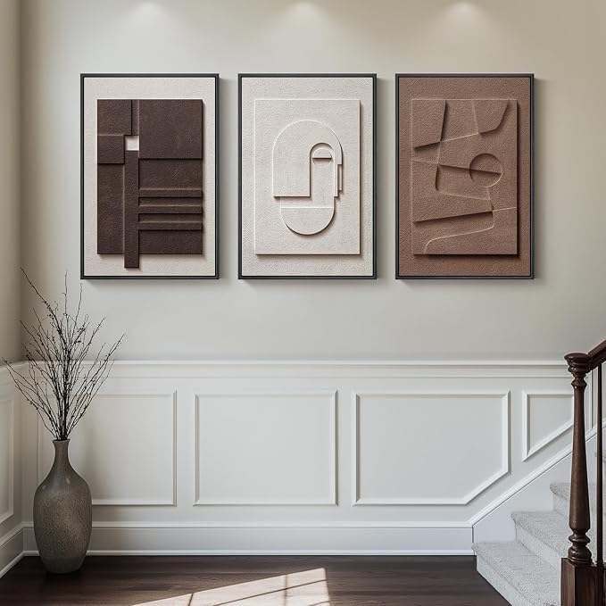 Large 3D Textured Framed Neutral Abstract Wall Art Set, 3 Piece, 20x30 In | Solid wood frames, sculptural relief details, white and brown tones, ready to display in living room, bedroom and lounge