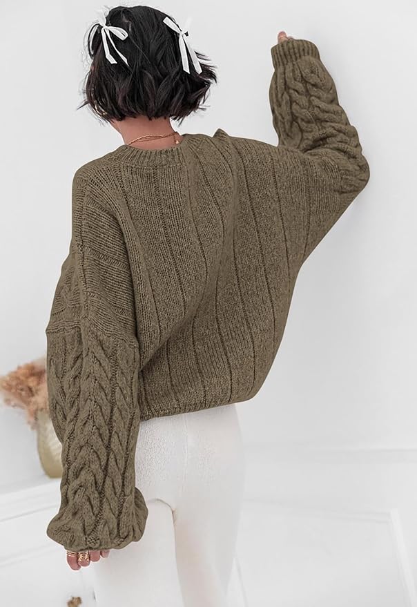 PRETTYGARDEN Womens Sweaters Spring 2026 Cable Knit Long Sleeve Crewneck Oversized Sweater Chunky Pullover Loose Outfits