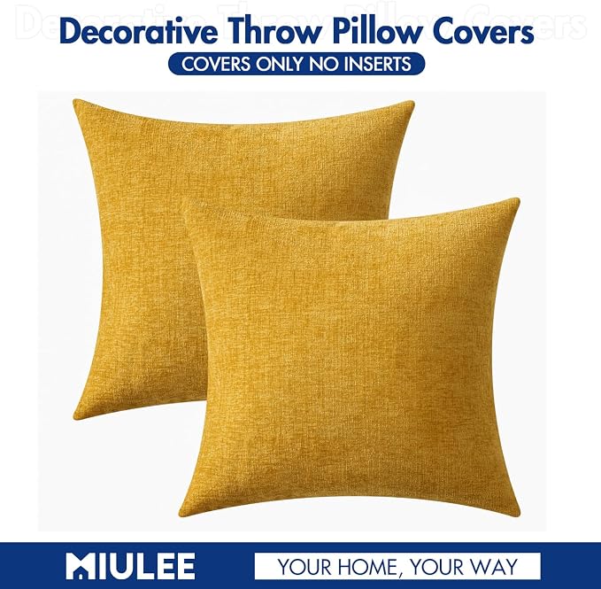 MIULEE Soft Chenille Throw Pillow Covers Mustard Yellow 18x18 Pack of 2 | Modern Home Decor, Classic Decorative Pillows, Solid Dyed Cases, Boho Couch Cushion Covers for Sofa Bed Living Room