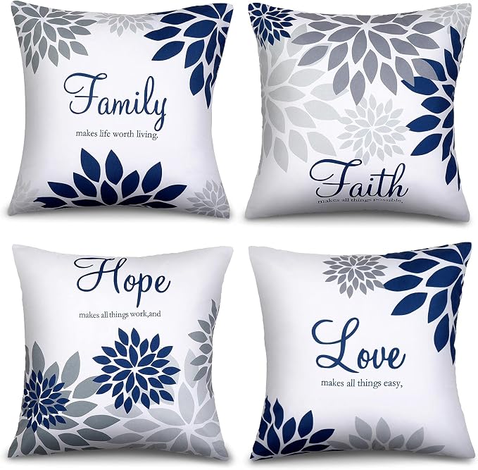 Tatuo 4 Pcs Flower Pillow Covers Square 18 x 18 Inch Gray Series | Pillow Cushion Cases for Sofa Bed, Family Faith Hope Love Words, Decorative Flower Pattern, Living Room Home Decor