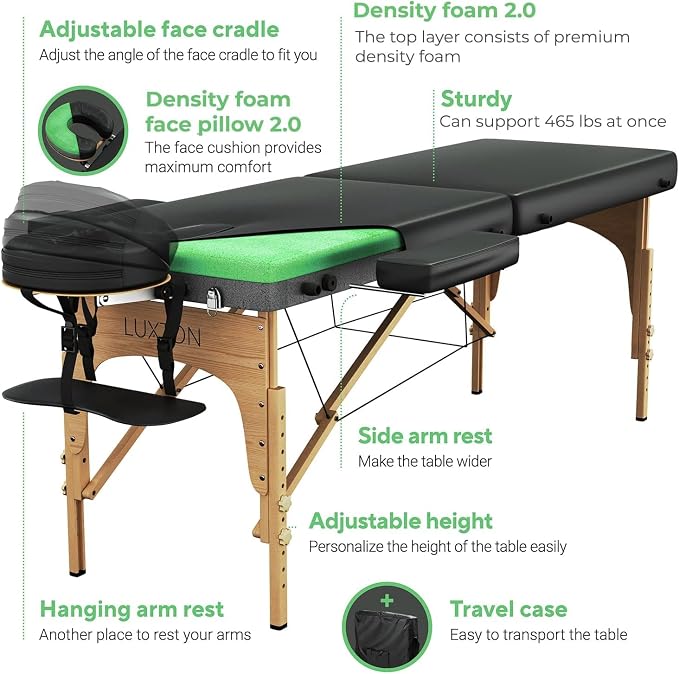 Premium Foam Massage Table Portable Foldable Massage Bed Height Adjustable, 72 Inches Long 27 Inches Wide Home Salon Spa Bed Tattoo Table with Accessories & Carrying Case, Easy Set Up