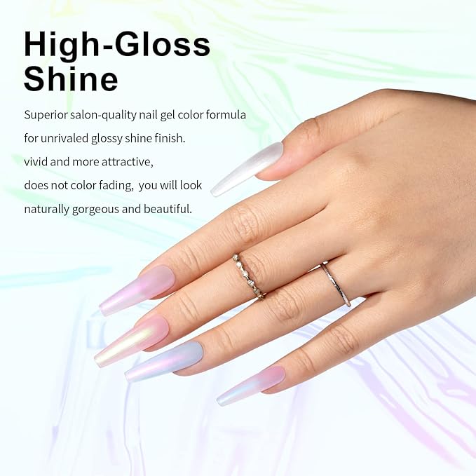 RARJSM Pearl Gel Nail Polish Set Clear Shell Glitter Gel Polish 6 Colors Pearlescent Pink White Blue Purple Silver Gold Shimmer Mermaid Swirl Thread Effect Soak Off Curing Requires Home Salon