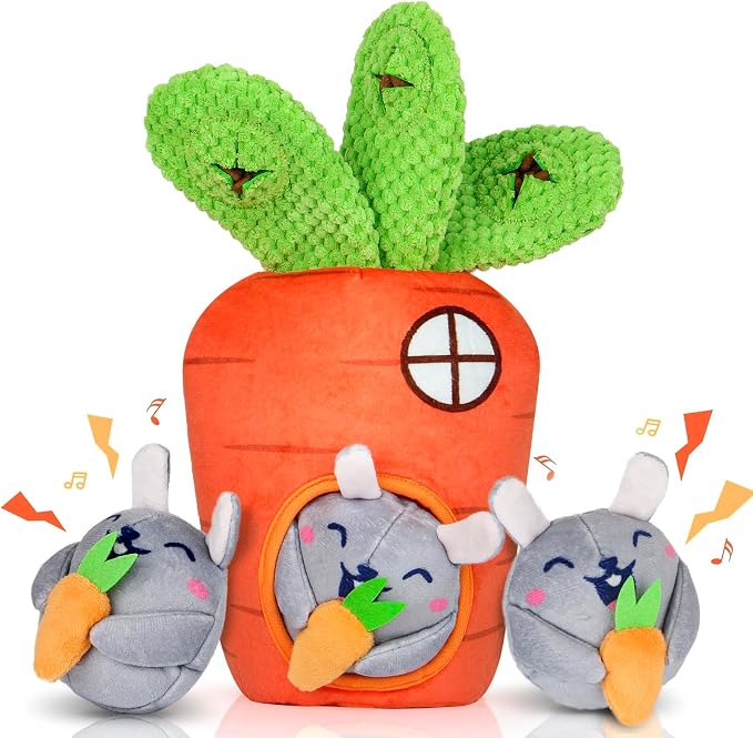 Interactive Hide and Seek Squeaky Dog Plush Toy for Small Dogs, Carrot and Bunny Set, 4 Pack Set