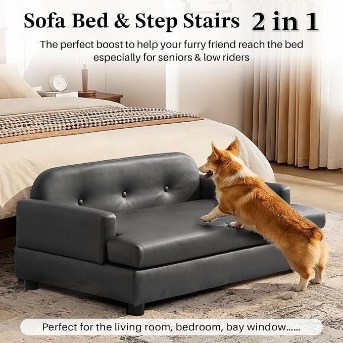 Luxury Dog Sofa Bed Elevated Pet Couch with Durable Waterproof Leather | Dog Couch with Orthopedic Sponge, Modern Furniture Style Dog Lounge & Pet Bedside Step, for Medium/Large Dogs, Gray