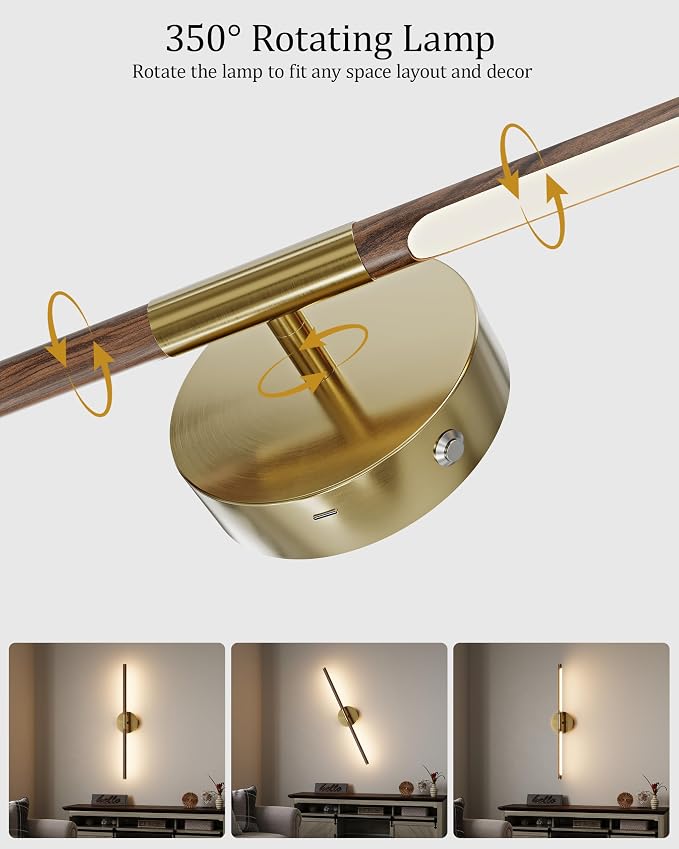 40" Battery Operated Wall Sconce Set of 2, 350° Rotating Lamp, Walnut Gold | Wireless, 8000mAh Rechargeable Battery, Stepless Dimming, 3000K-6000K, Remote & Touch Control, Timer, Living Room, Bedroom