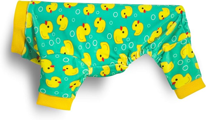 Dog Pajamas Onesie: Comfortable Four-Legged Apparel for Small, Medium, & Large Dogs, Polyester Material for Comfort, Wrinkle Resistance, Moisture Wicking, and Stretchiness Yellow Duck XS