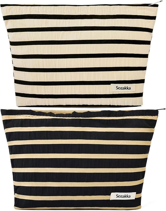 SOIDRAM 2 Pieces Makeup Bag Large Stripe Cosmetic Bag Capacity Canvas Travel Toiletry Bag Organizer Cute Makeup Brushes Aesthetic Accessories Storage Bag for Women, Stripe L Black White