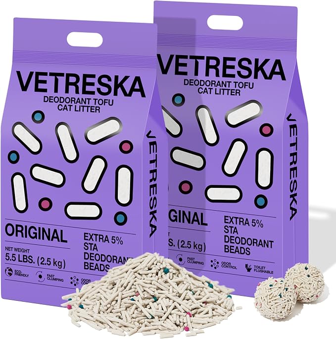 VETRESKA Tofu Cat Litter, Odor Control, Original 5.5lb×2bags | Natural Kitty Litter Strong Clumping Flushable Cat Litter Pellet Ultra Absorbent,Dust-Free,Low Tracking Deodorant Tofu Litter