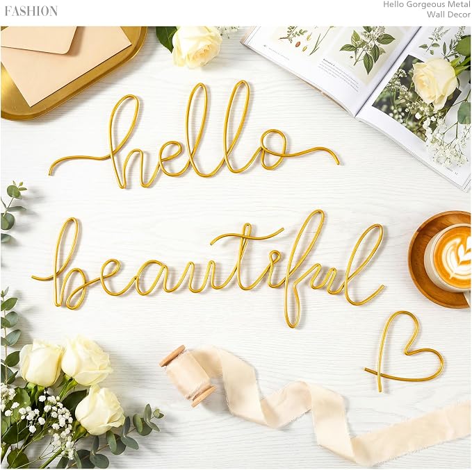 Hicarer Metal Hello Gorgeous Wall Art Minimalist Wall Decor,Gold,Beautiful | for Bedroom Bathroom Living Room Dressing Room Salon Vanity Office Home Decoration, Easy to Install