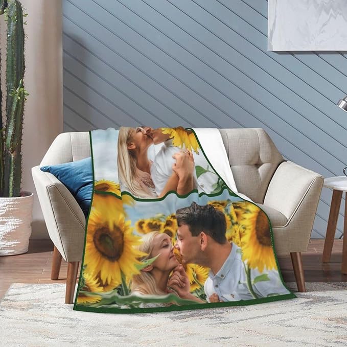 Custom Blanket with Picture Text, Personalized Photo Blanket, Customized Throw Blanket Gifts for Mom Dad Couple Girlfriend Boyfriend Wife Husband (2-Photo)