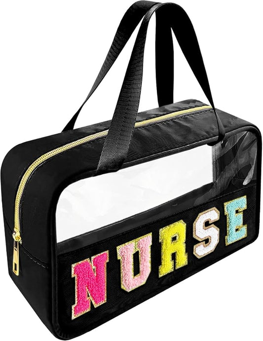 Bunliuys Chenille Letter Clear Makeup Bag with Nurse Patch, Travel Toiletry Makeup Bag with Handle, Nylon Waterproof Cosmetic Bag, Preppy Patch Makeup Bag for Women (NURSE-Black)