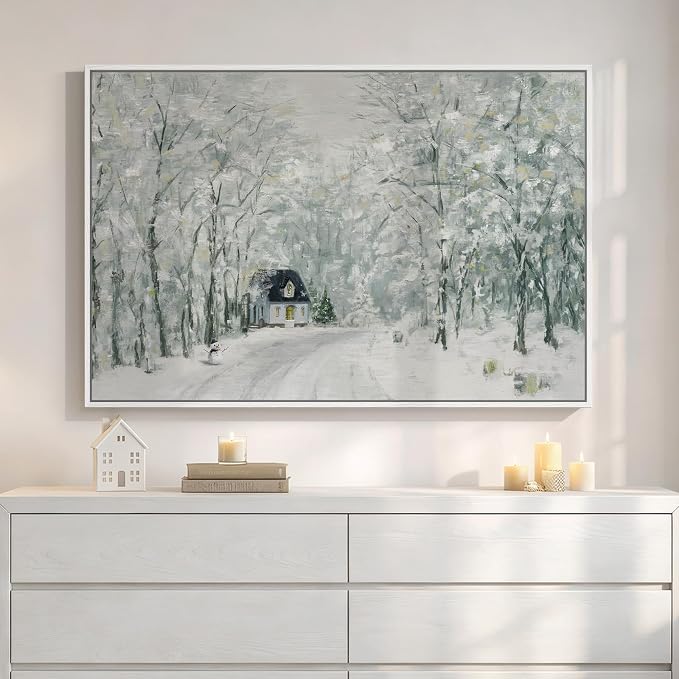 Framed Forest Landscape Wall Art, Modern Cottage Canvas Art Prints, Contemporary Nature House Pictures Wall Decor for Living Room Bedroom Dining Room Hallway Office 24x36 In