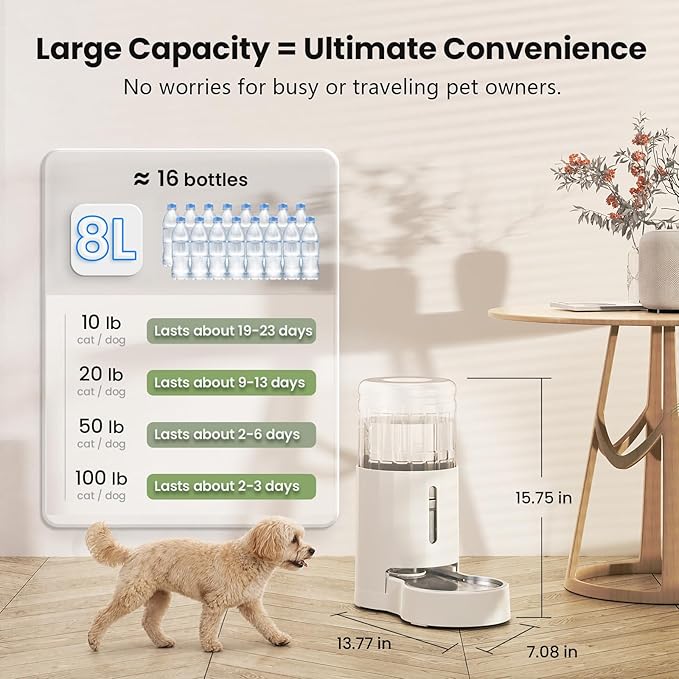 CZPET Automatic 8L Dog and Cat Water Dispenser Gravity Waterer | With Stainless Steel Bowl Gravity Waterer, Large Capacity and Drinking Area Noise-Free for Pets