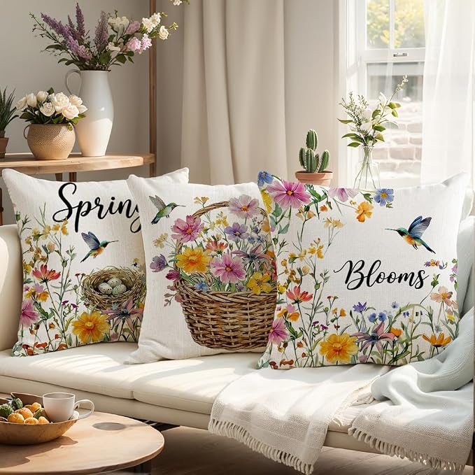 wyooxoo Throw Pillow Covers 18x18 Set of 4 Spring Pillow Covers Linen Flower Bird Farmhouse Cushion Case for Sofa Couch Living Room Outdoor Home Decor