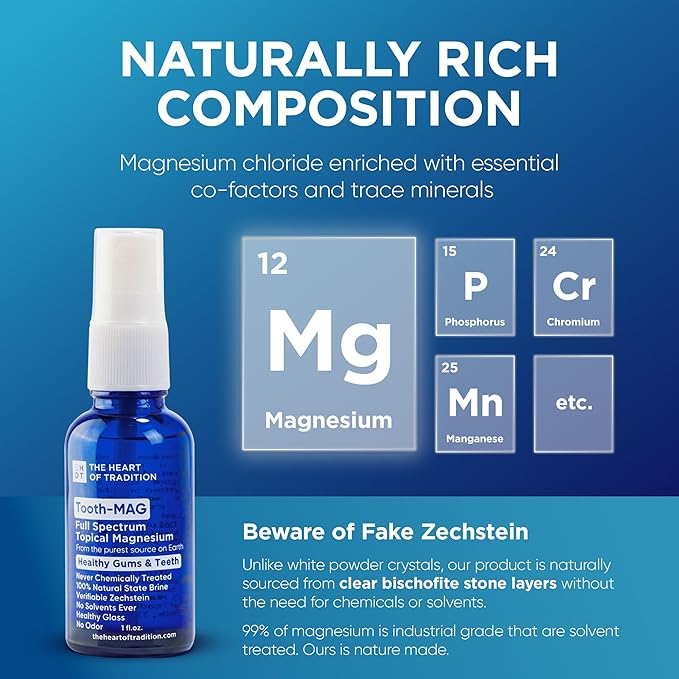 Tooth-Mag Zechstein Organic Magnesium Spray Oil - 1oz Rinse and Mouthwash for Healthy Gums and Teeth, Natural Magnesium Oil Spray for Feet, Muscle Recovery, Leg Cramps, Back Pain, and Daily Hygiene