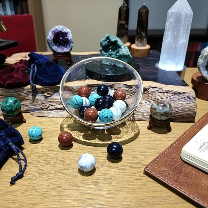 20Pcs 16mm Stone Balls Gemstone Spheres Polished Assorted Small Marbles -Howlite*5, Blue Turquoise*5,Red Goldstone*5,Blue Goldstone *5