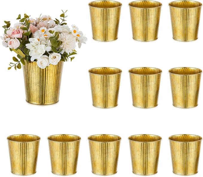 NUPTIO Gold Galvanized Vases for Centerpiece, 5" Small Ribbed Vase, 12 Pcs | Rustic Metal Planter Pots, for Flowers, Wedding, Table, Home, Decor