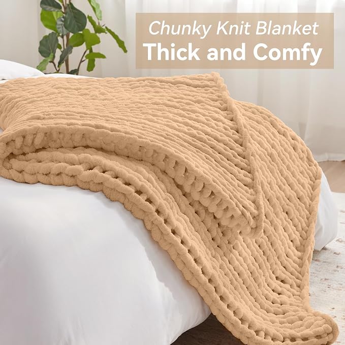 Negwoo Chunky Knit Throw Blanket, Knitted Throw Chenille Yarn, 60"*80" | Soft Thick Cable Knitted Blankets, Handmade Big Thick Blanket, Machine Washable Cute Comfy Blanket for Home Decor, Beige