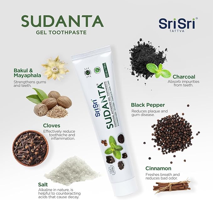 Sri Sri Tattva Sudanta Charcoal Toothpaste Gel – SLS, Fluoride Free Herbal Toothpaste with Neem & Ayurvedic Herbs – Natural Teeth Whitening, Fresh Breath, Oral & Gum Health – 100g Tube (Pack of 2)