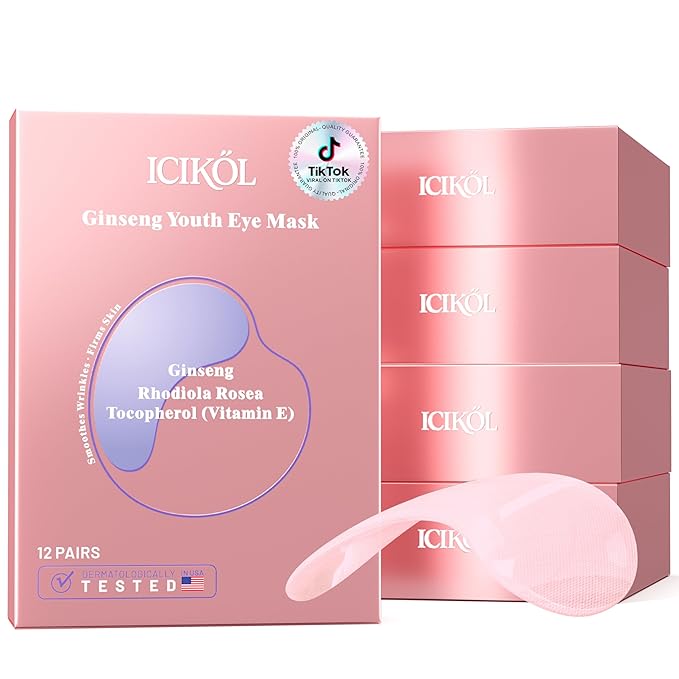 Ginseng Youth Under Eye Patches for Women - Smoothes Wrinkles & Firms Skin. Visibly Fades to Clear in 40 Mins, Fully Absorbed in 3Hrs. Pink, 60 Pairs.
