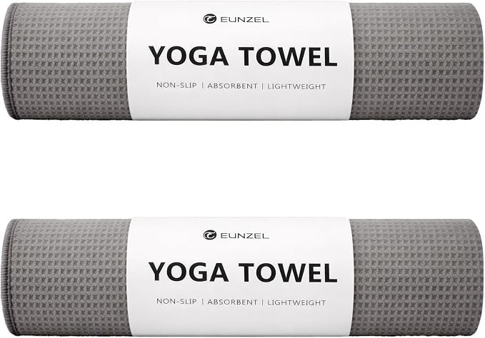 Eunzel 2 Pack Hot Yoga Towel, Non-Slip Yoga Mat Towel with Grip Dots Stickyfiber Sweat Absorbent Towel for Hot Yoga, Pilates and Workout 72" x 24", Grey